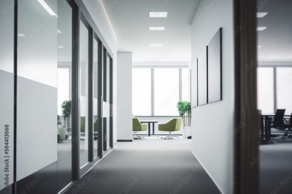 Office lobby withconference rooms who are located on side of a large white wall that is in the centre. Generative AI Office lobby withconference rooms who are located on side of a large white wall that is in the centre. Generative AI