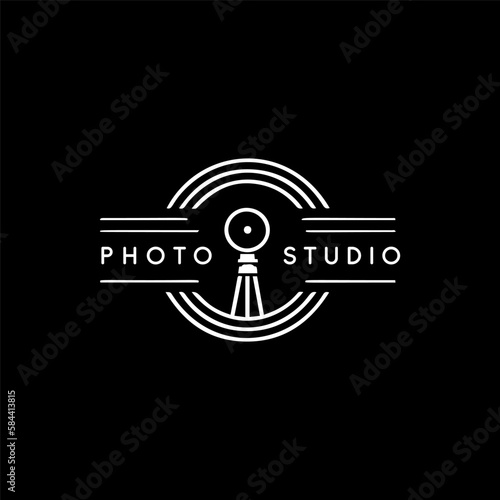 Photo studio vintage retro emblem. White linear photographer logo concept on black background. Vector illustration.