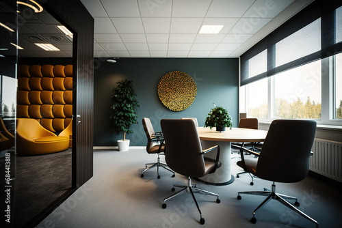 Office lobby with blue wall.