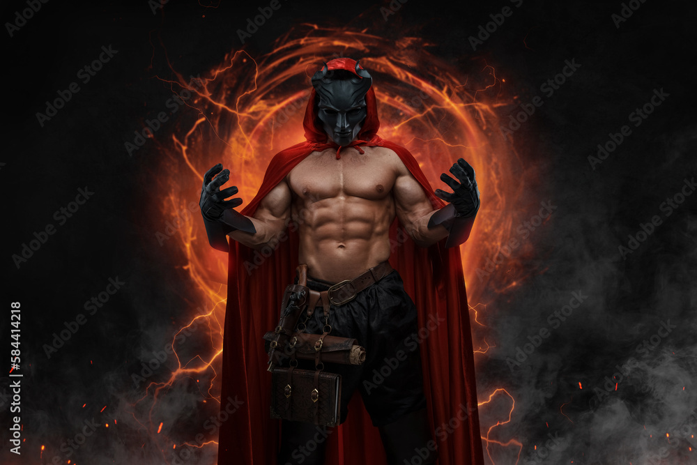 Portrait of mystical wizard with muscular build and horned mask against dark background.