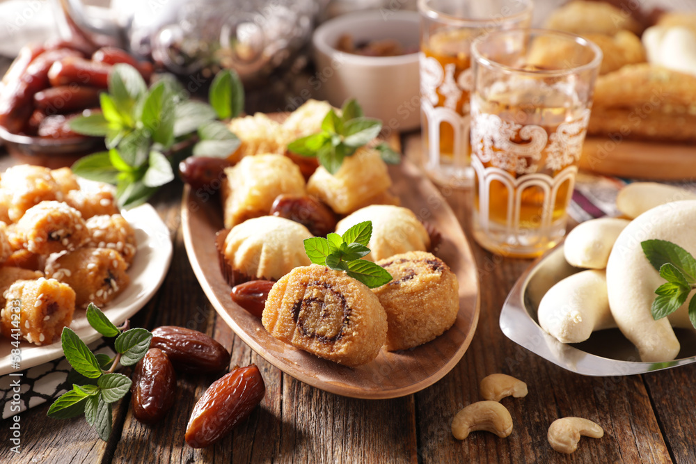 Ramadan food- pastry, dried dates and mint tea Ramadan food- pastry, dried dates and mint tea