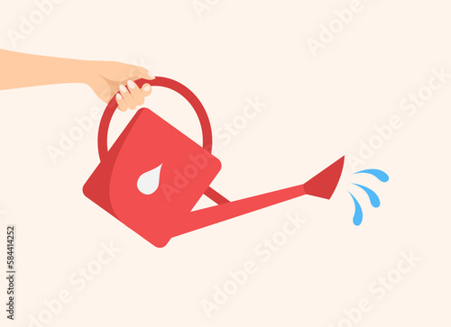 Female hand holding red plastic watering can or pot. Garden tool for watering plants. Vector illustration in flat style
