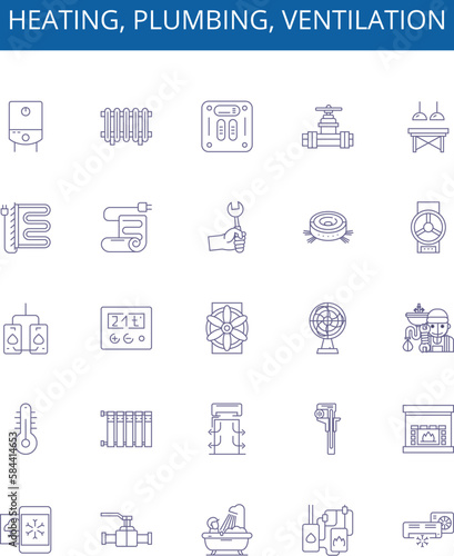 Heating, plumbing, ventilation line icons signs set. Design collection of heating, plumbing, ventilation, HVAC, system, installation, maintenance, repair outline concept vector illustrations