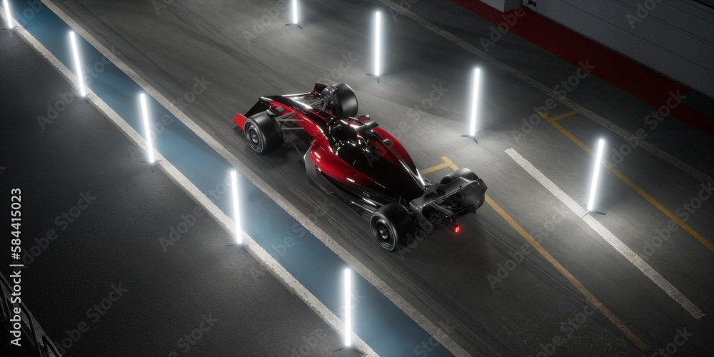Overhead high angle view of a red modern generic sports racing car standing on a pit lane, surrounded by LED light tubes, cinematic lighting. Daytime shot. Realistic 3d rendering