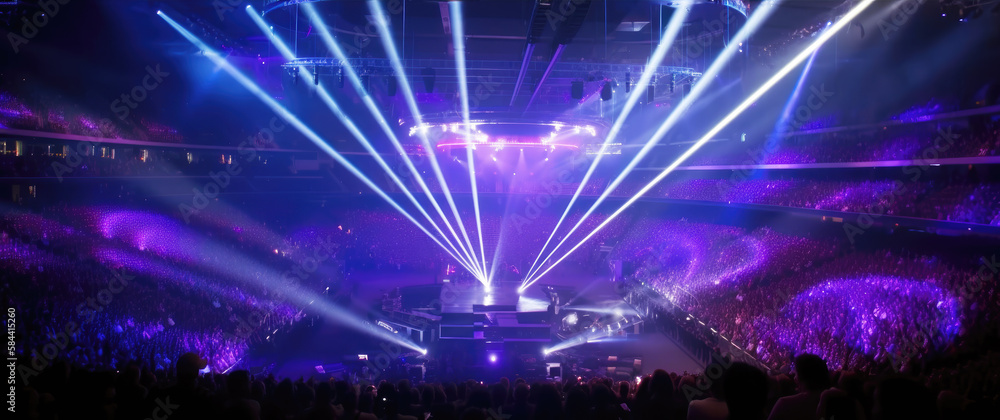 Arena or Stadium concert with center stage, illuminated with purple ...