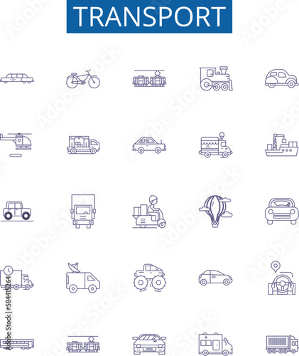 Transport line icons signs set. Design collection of Transportation, Shipping, Ferry, Delivery, Hauling, Travel, Rail, Road outline concept vector illustrations