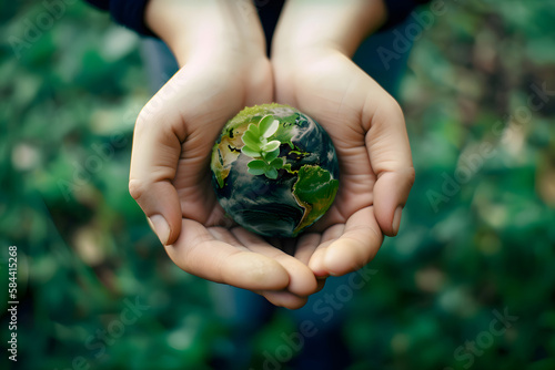 Growing tree on Globe in human hand on green nature background. Earth Day. Generative AI 2