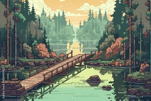 2D game landscape, bridge, lake, pine forest, 16 bit pixel style. Generative AI photo