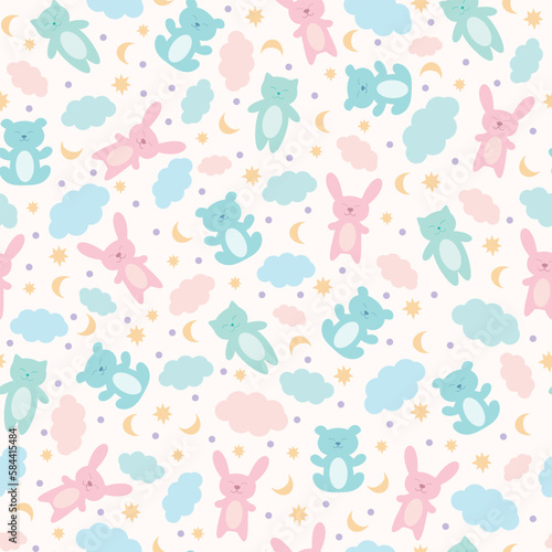 Baby seamless pattern for decoration, children's room, blankets, gifts, baby shower greetings. Cute sleepy toys with clouds, stars and crescent in pastel colors © Mariia