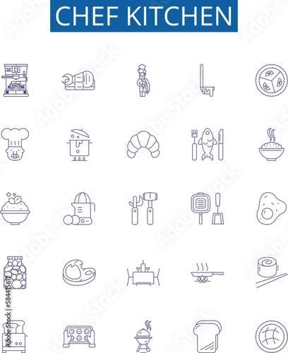 Chef kitchen line icons signs set. Design collection of Cooking, Cuisine, Chef, Recipe, Kitchenware, Knives, Utensils, Prep outline concept vector illustrations