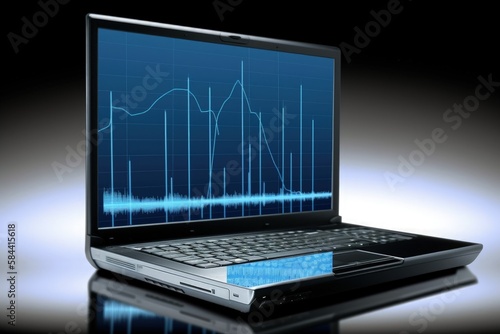 Graph illustration on laptop screen, background, investment concept. Generative AI © Deivison