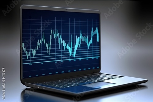 Graph illustration on laptop screen, background, investment concept. Generative AI