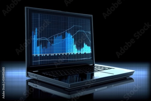 Graph illustration on laptop screen, background, investment concept. Generative AI
