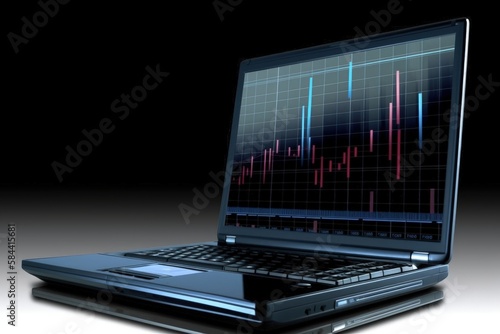 Graph illustration on laptop screen, background, investment concept. Generative AI