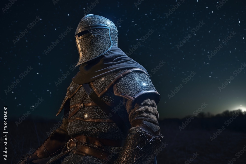 Fototapeta premium Landscape with medieval knight in armor, history and fantasy concept. Generative AI