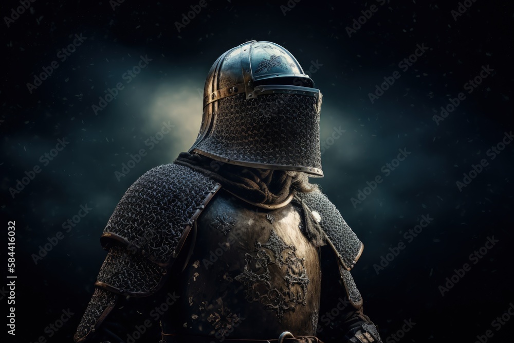 Landscape with medieval knight in armor, history and fantasy concept. Generative AI Landscape with medieval knight in armor, history and fantasy concept. Generative AI