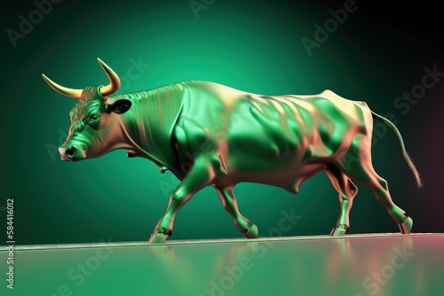 Green bull illustration, green background, stock exchange concept, win. Generative AI