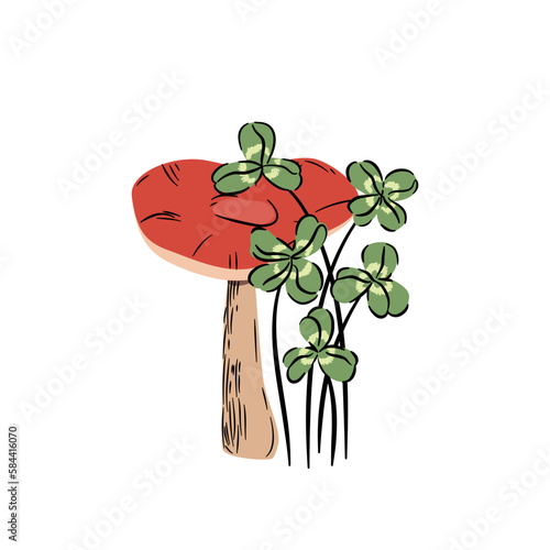 Muchomor i koniczyna. Grzyb z czerwonym kapeluszem i czterolistna koniczyna. Leśna kompozycja botaniczna.