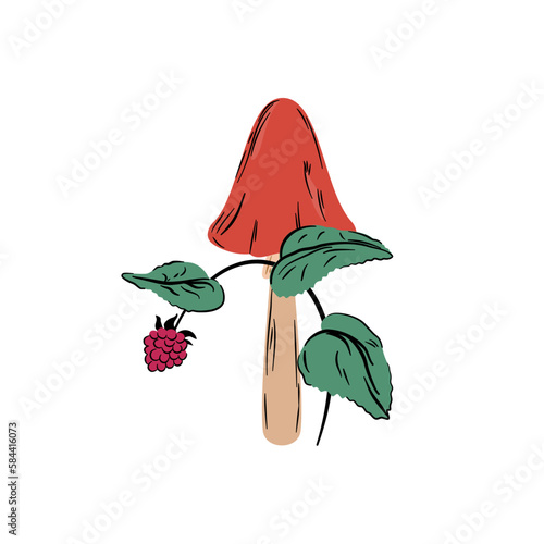Muchomor i krzak malin. Grzyb z czerwonym kapeluszem i malina na krzaczku. Leśna kompozycja botaniczna.