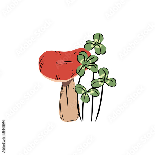 Muchomor i koniczyna. Grzyb z czerwonym kapeluszem i czterolistna koniczyna. Leśna kompozycja botaniczna.