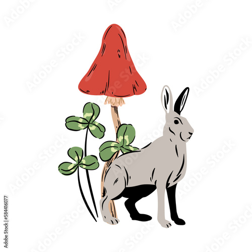 Szary zając, koniczyna i czerwony muchomor. Leśna kompozycja botaniczna. Botaniczna ilustracja wektorowa.