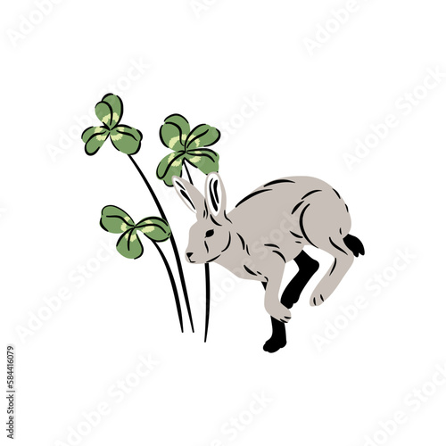Szary zając i koniczyna. Leśna kompozycja. Botaniczna ilustracja wektorowa.