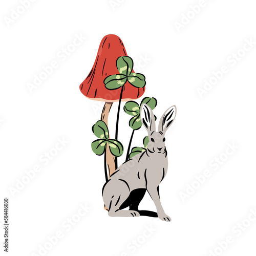 Zając, koniczyna i czerwony muchomor. Kompozycja złożona z szarego zająca i leśnych roślin. Botaniczna ilustracja wektorowa.