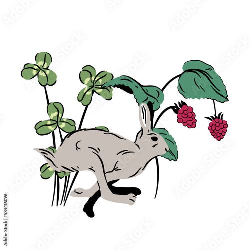 Szary zając, koniczyna i krzaczek malin. Leśna kompozycja botaniczna. Ilustracja wektorowa na plakat, baner, kartkę z życzeniami lub urodzinową.