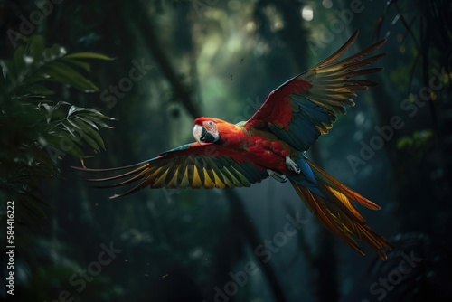 Red hybrid parrot in forest. Macaw parrot flying in dark green vegetation. AI generated
