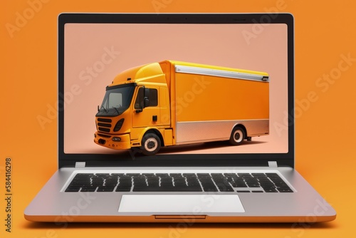 Delivery truck illustration on laptop screen, orange background. Generative AI