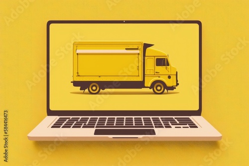 Delivery truck illustration on laptop screen, yellow background. Generative AI