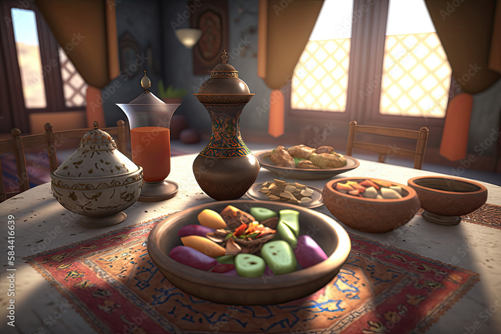 Fototapeta premium Close up variety of table with arabic food during iftar meal on ramadan AI generated
