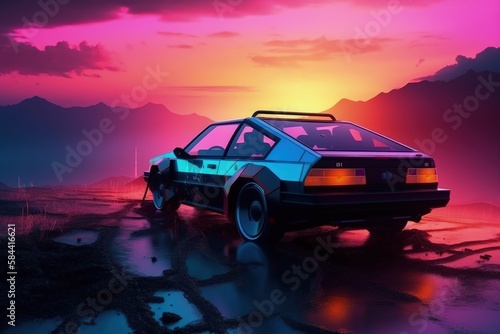 Futuristic custom car illustration, landscape in the background, vaporwave, retro style. Generative AI © Deivison