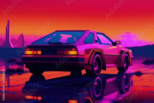 Futuristic custom car illustration, landscape in the background, vaporwave, retro style. Generative AI