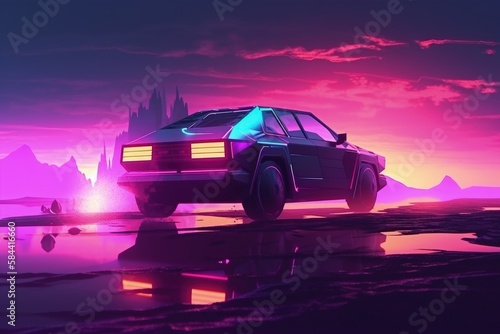 Futuristic custom car illustration  landscape in the background  vaporwave  retro style. Generative AI