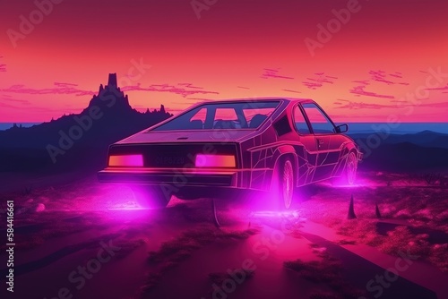 Futuristic custom car illustration, landscape in the background, vaporwave, retro style. Generative AI