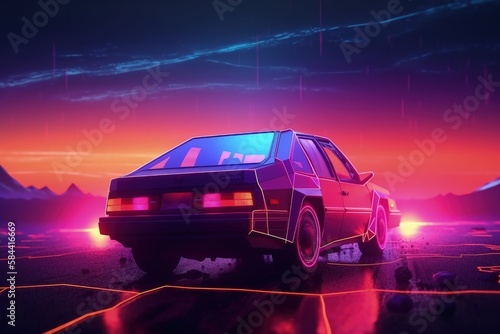 Futuristic custom car illustration, landscape in the background, vaporwave, retro style. Generative AI