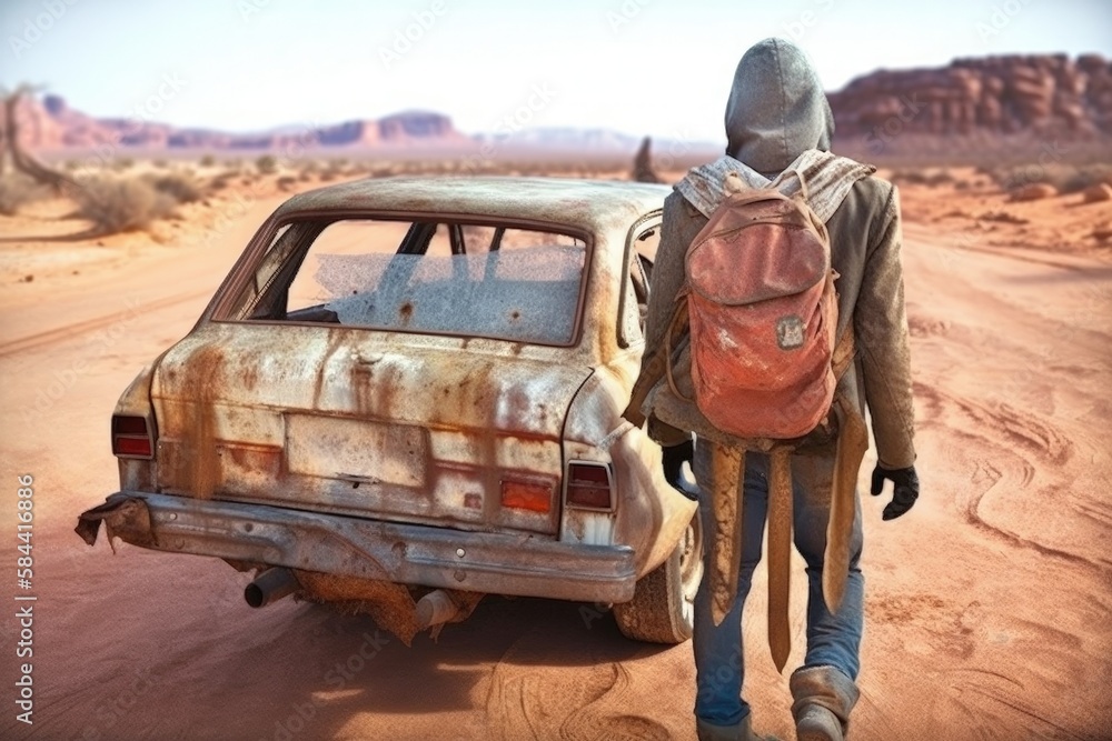 Landscape with man on the back with backpack worn clothes, old deteriorated car, desert, dystopia, post apocalypse. Generative AI Landscape with man on the back with backpack worn clothes, old deteriorated car, desert, dystopia, post apocalypse. Generative AI