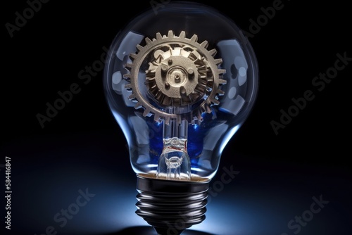 Light bulb with gears, ideas concept, blue background. Generative AI