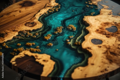 The table top made of epoxy resin and wood. AI generation