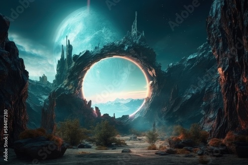 Dimensional portal with light, fantasy and fiction concept. Generative AI © Deivison