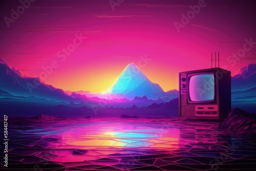 Illustration of old tv and landscape in the background, retro 80s and 90s style, vaporwave. Generative AI