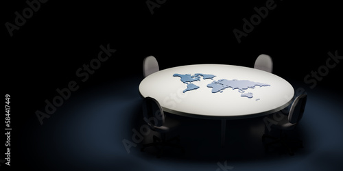 Conference table and chairs with the world map on the board. International politics concept, photo