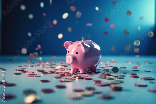 Illustration of piggy bank and scattered coins, concept of savings and investment, blue background. Generative AI photo