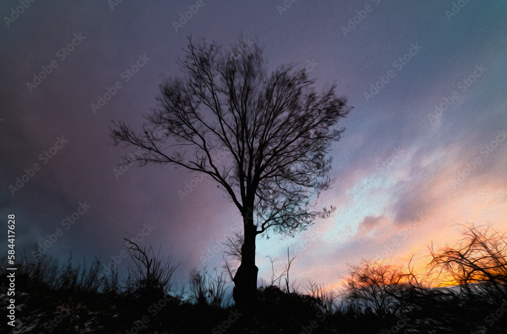 concept of postcard with lone tree at evening