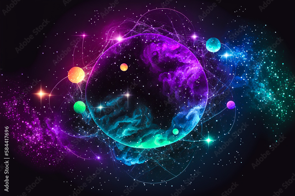 This brightly colored abstract illustration represents the beauty and mystery of the night sky. This bold design adds a sense of wonder and excitement. Generative AI