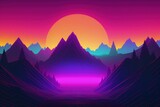 Landscape with sunset and mountains, 80s and 90s style, retro, vaporwave. Generative AI