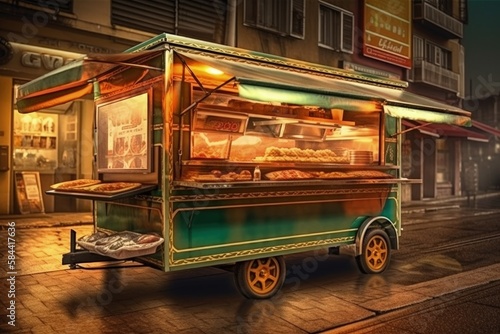 Street food trailer illustration, street food concept. Generative AI photo