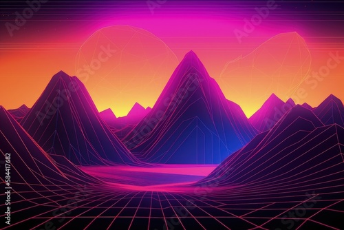 Landscape with sunset and mountains, 80s and 90s style, retro, vaporwave. Generative AI © Deivison