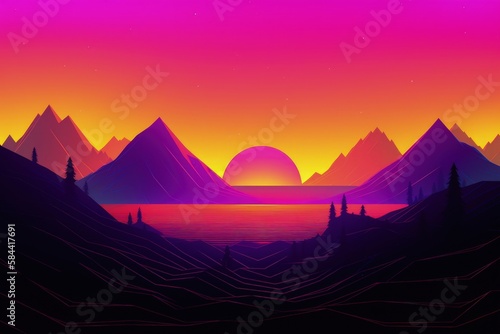 Landscape with sunset and mountains  80s and 90s style  retro  vaporwave. Generative AI